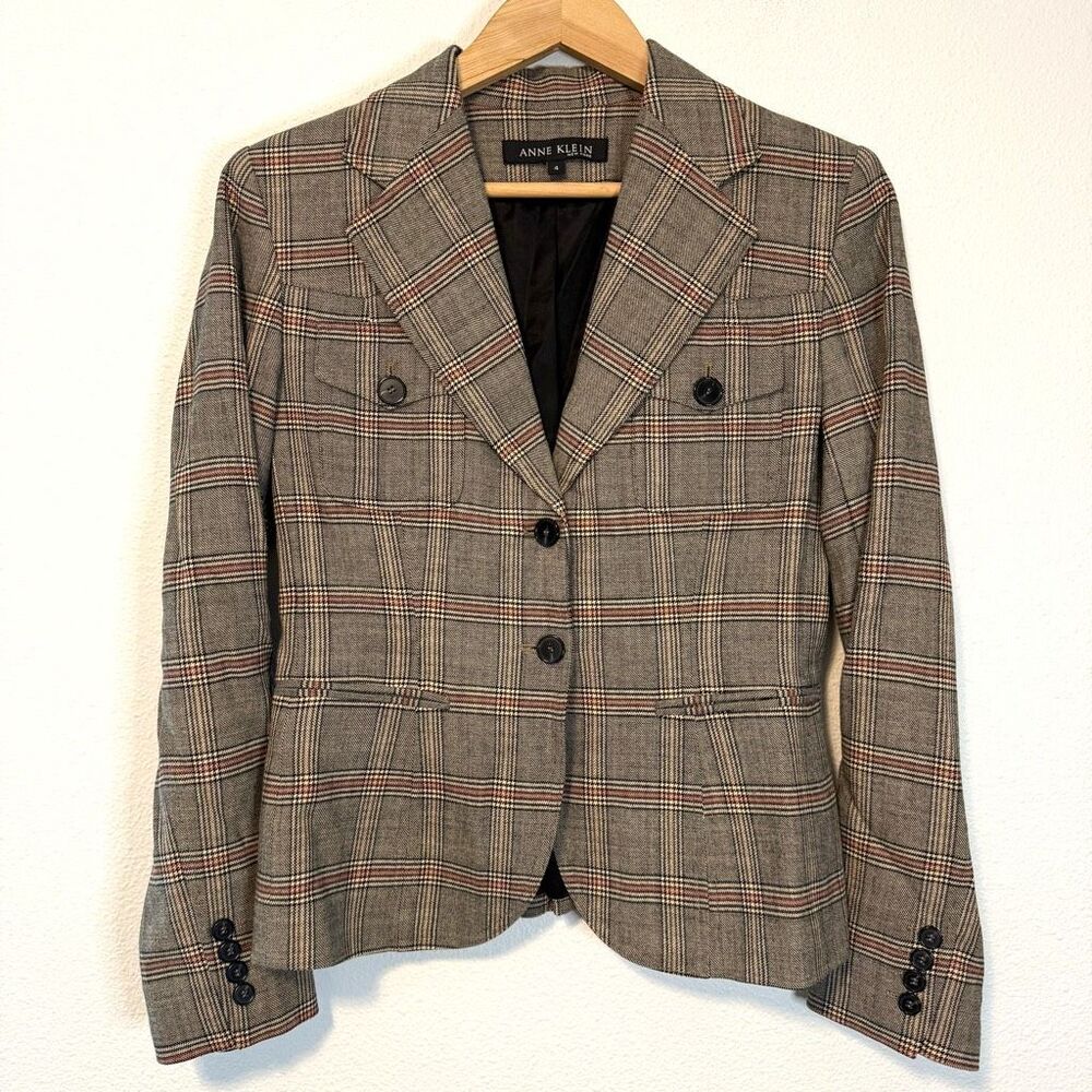 Anne‎ Klein Brown Vintage Plaid Wool Blend Blazer Size 4